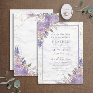 Invitación Boda Floral de oro de mármol de lavanda clásica