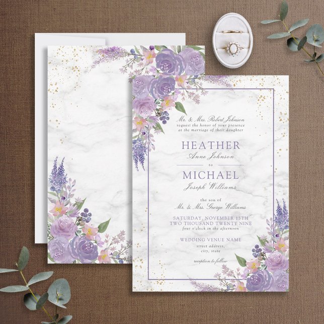 Invitación Boda Floral de oro de mármol de lavanda clásica (Subido por el creador)