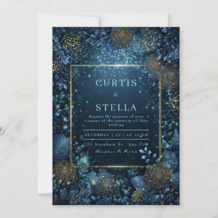 Invitación Boda Floral de Oro de Medianoche Encantada