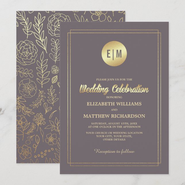 Invitación Boda floral de oro de Mocha oscura (Anverso / Reverso)