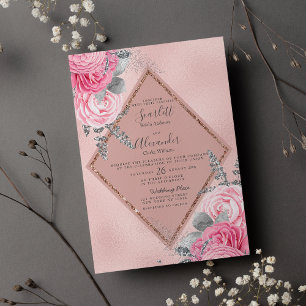 Invitación Boda floral de oro de rosa plateado geométrico ros