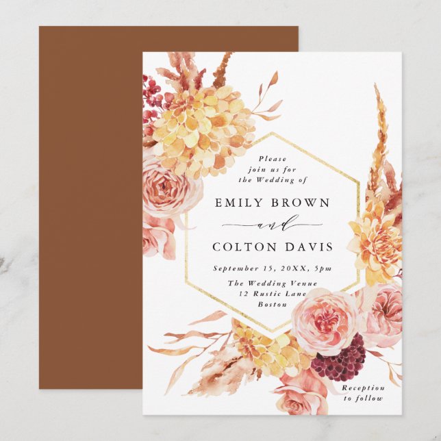 Invitación Boda floral de oro de Terracota Borgoña (Anverso / Reverso)