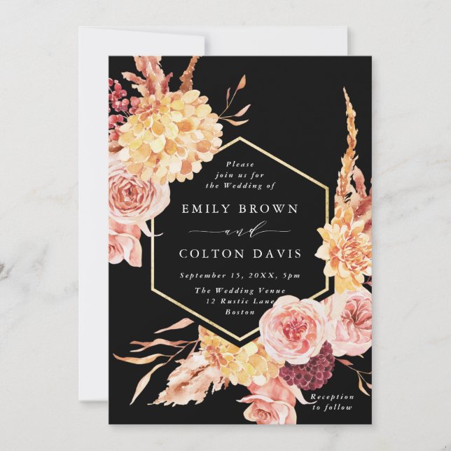 Invitación Boda floral de oro de Terracota Borgoña Negro (Anverso)
