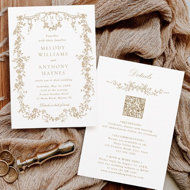 Invitación Boda floral de oro de Victoria en Francia (Front & Back)