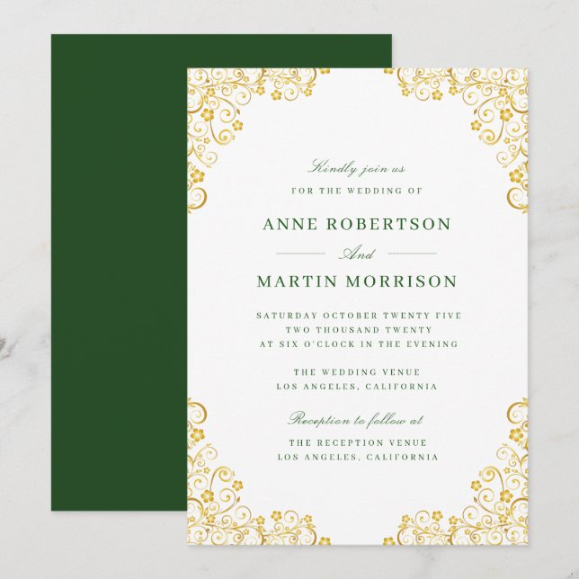 Invitación boda floral de oro elegante (Anverso / Reverso)