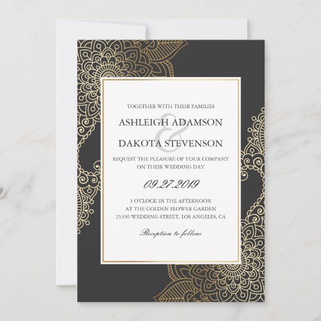 Invitación Boda floral de oro exquisita de la alheña (Anverso)