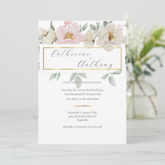Invitación Boda floral de oro moderno (Anverso de pie)