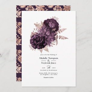 Invitación Boda floral de oro morado oscuro y Rosa