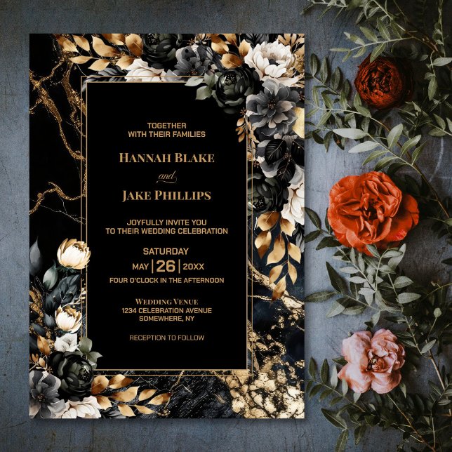 Invitación Boda floral de oro negro (Subido por el creador)