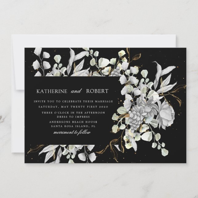 Invitación boda floral de oro plateado dramático (Anverso)