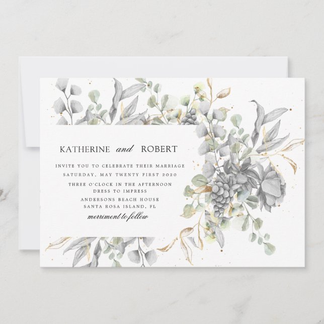 Invitación boda floral de oro plateado dramático (Anverso)