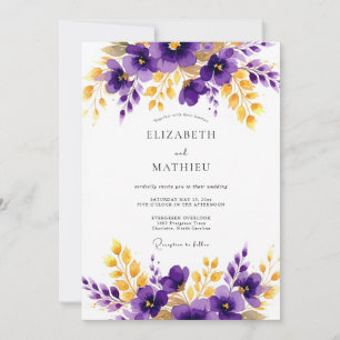Invitación Boda Floral de Oro Púrpura Pulido