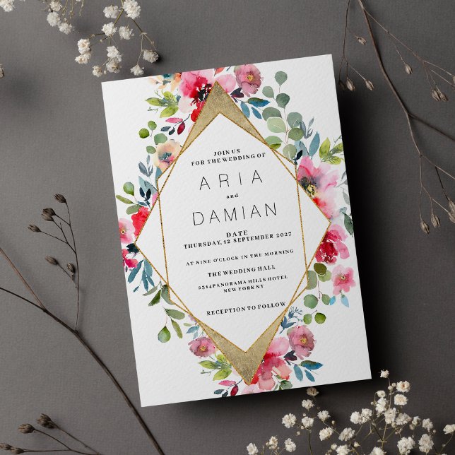Invitación Boda floral de oro rojo de menta rosa geométrica (Geometric pink mint red gold floral Wedding )