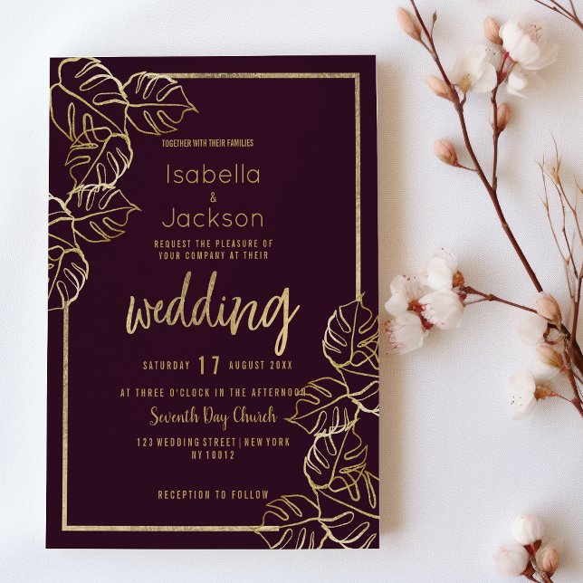 Invitación Boda floral de oro rojo rico en burdeos (Bordeaux deep rich red gold floral Wedding)