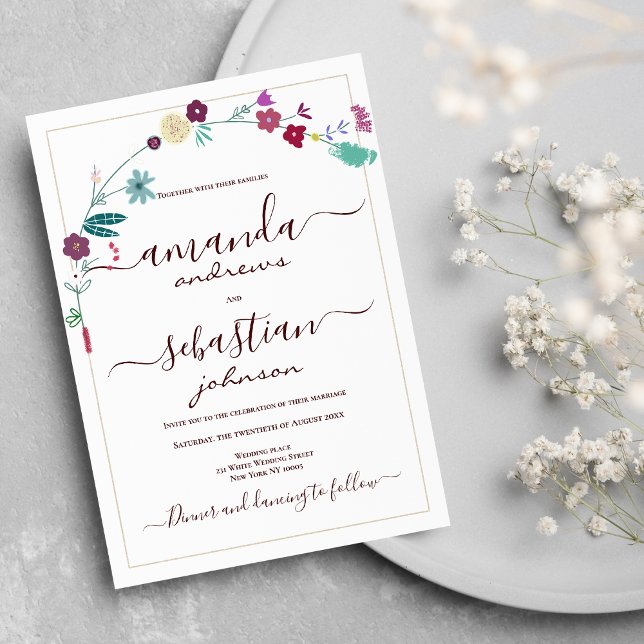 Invitación Boda floral de oro rojo verde azulado rosa retro (Retro pink teal red gold floral wedding)