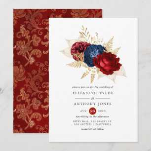 Invitación Boda floral de oro, rojo y azul marino