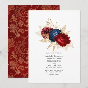 Invitación Boda floral de oro, rojo y azul marino