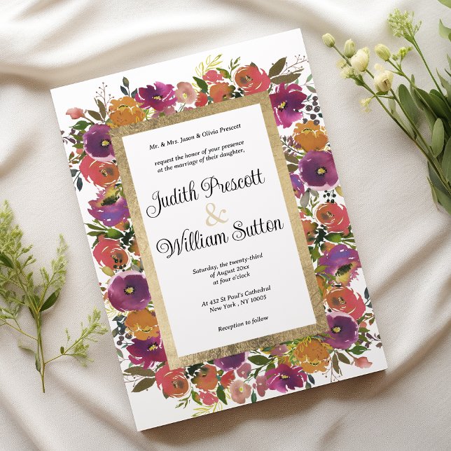 Invitación Boda floral de oro rosa naranja púrpura botánico (Botanic purple orange pink gold floral wedding )