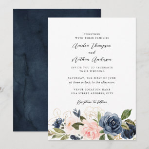 Invitación Boda floral de oro rosa navy exuberante