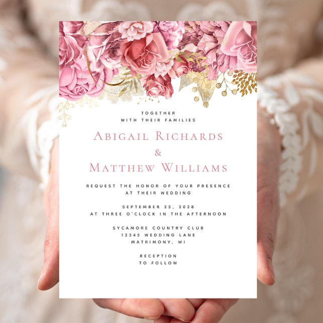 Invitación Boda floral de oro rosa romántico (Subido por el creador)