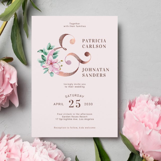 Invitación Boda floral de oro rosa rosa rosado primavera (Subido por el creador)