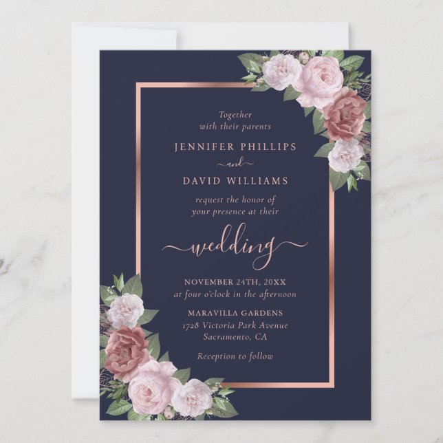 Invitación Boda floral de oro Rosa Rubor azul de la Marina (Anverso)
