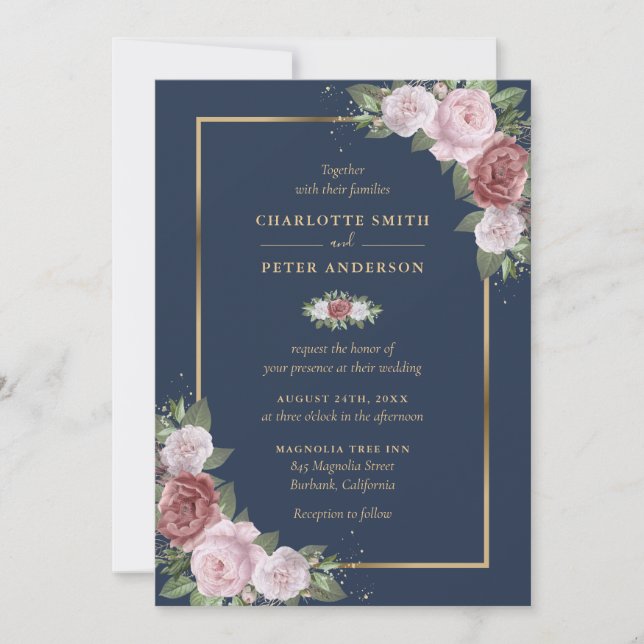 Invitación Boda floral de oro rosa Rubor azul de la marina (Anverso)
