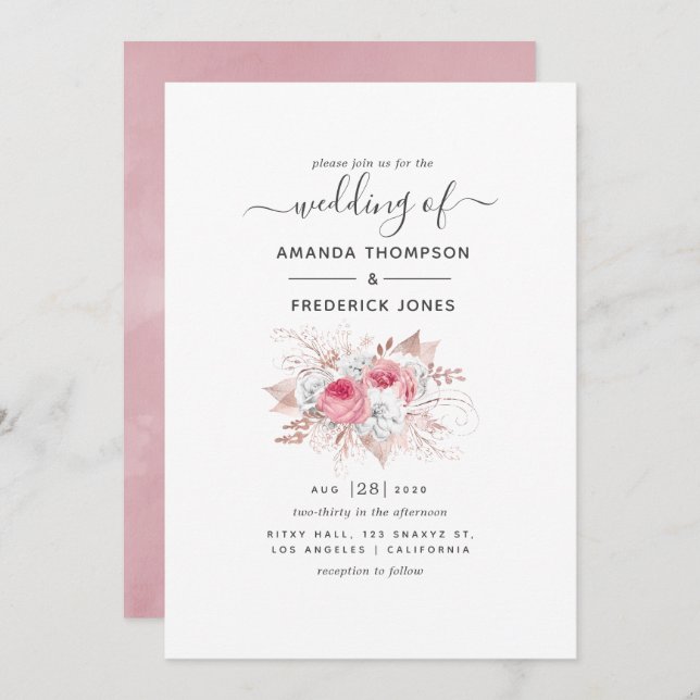 Invitación Boda floral de oro rosa y Rosa (Anverso / Reverso)