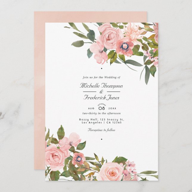 Invitación Boda floral de oro rosa y Rosa de Rubor (Anverso / Reverso)