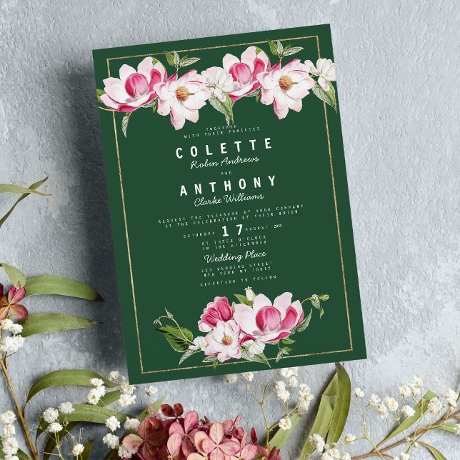 Invitación Boda floral de oro rosado verde del bosque moderno (Modern Forest Green Pink Gold Floral Wedding)