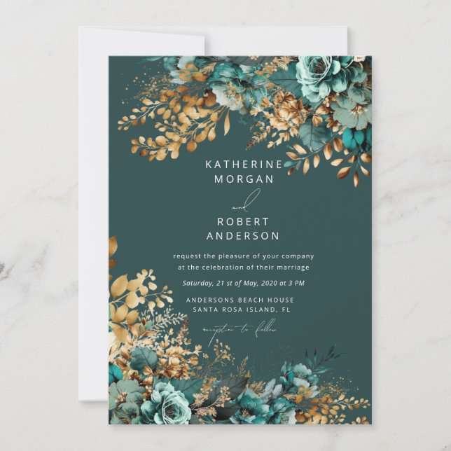 Invitación Boda floral de oro Verde azulado acuarela (Anverso)