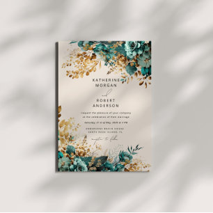 Invitación Boda floral de oro Verde azulado acuarela