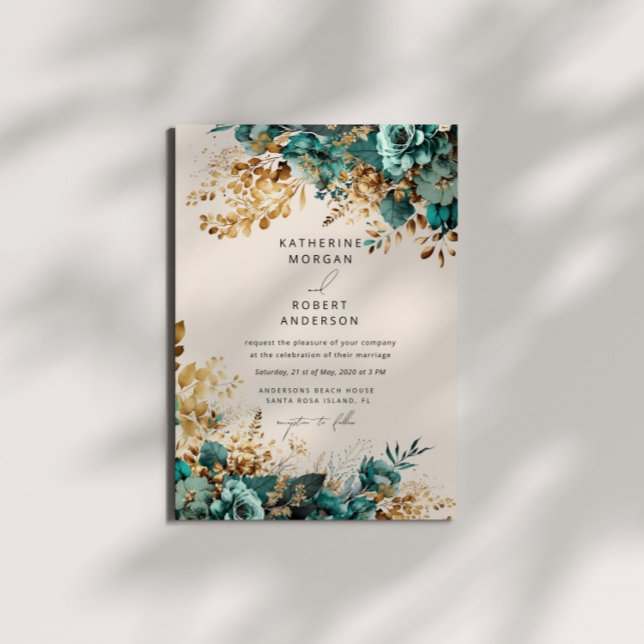 Invitación Boda floral de oro Verde azulado acuarela (Subido por el creador)