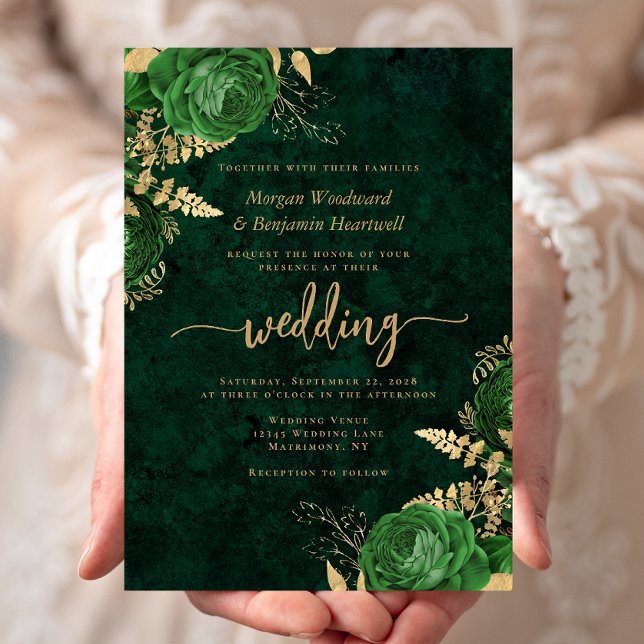 Invitación Boda floral de oro verde esmeralda (Subido por el creador)