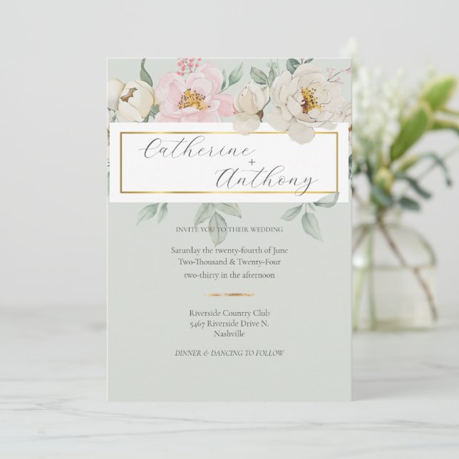 Invitación Boda floral de oro verde moderno (Anverso de pie)