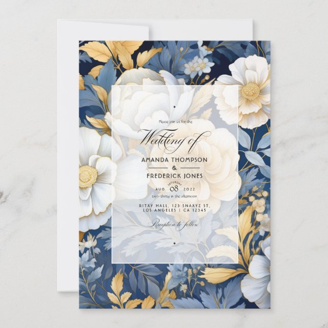 Invitación Boda floral de oro y blanco (Anverso)