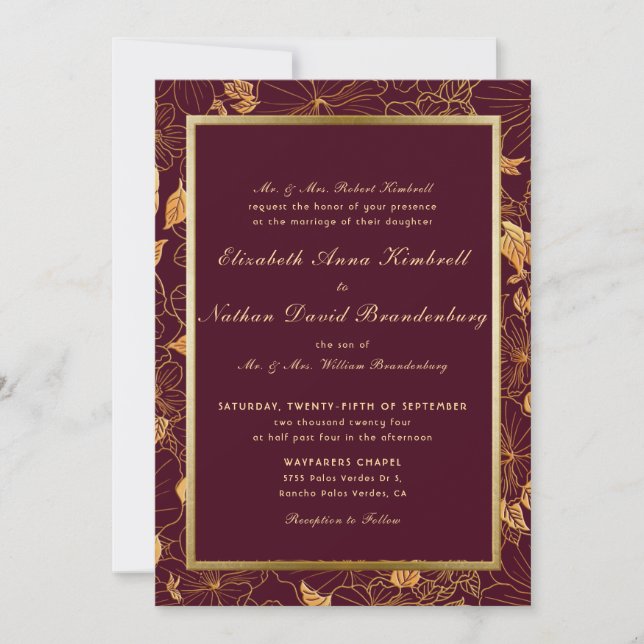 Invitación Boda floral de oro y borgoña clásico elegante (Anverso)