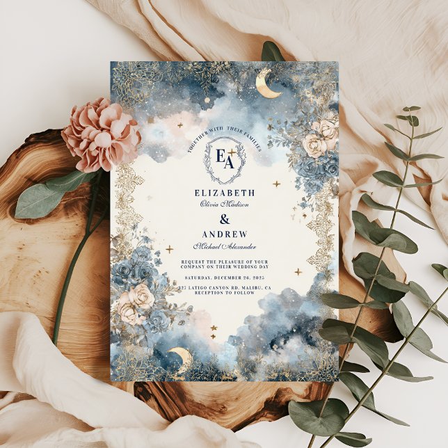 Invitación Boda floral de oro y marina celestial (Subido por el creador)