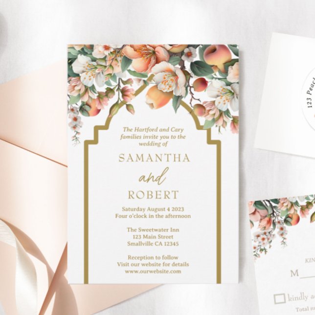 Invitación Boda Floral de Oro y Peach del Sur (Subido por el creador)
