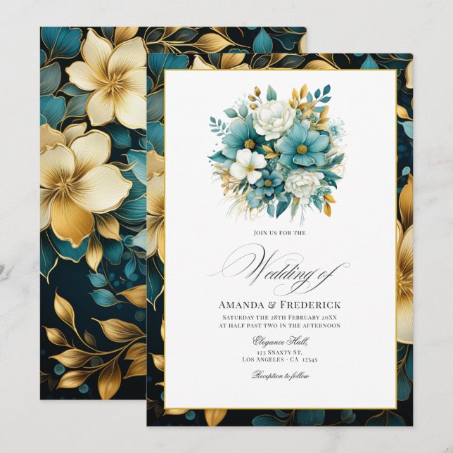 Invitación Boda floral de oro y turquesa (Anverso / Reverso)