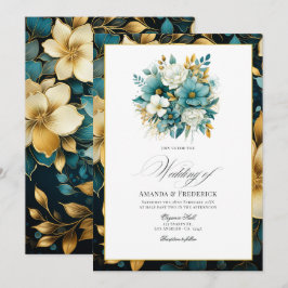 Invitación Boda floral de oro y turquesa