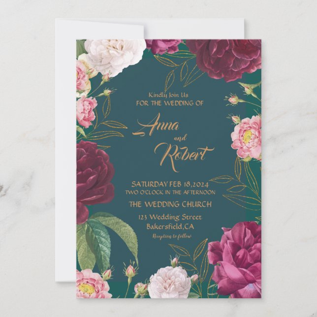 Invitación Boda floral de oro y verde esmeralda (Anverso)