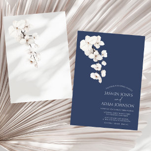 Invitación Boda floral de orquídea blanca azul marino moderna