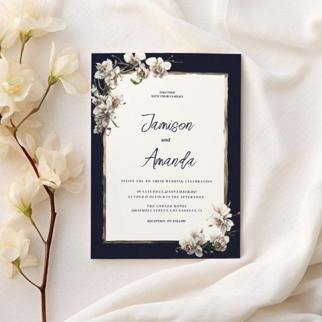 Invitación Boda floral de orquídea blanca dorada azul marino  (Luxury navy blue gold white orchid floral Wedding )