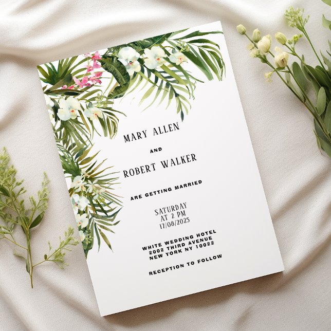 Invitación Boda floral de orquídea blanca tropical acuarela (Watercolor tropical white orchid floral wedding)