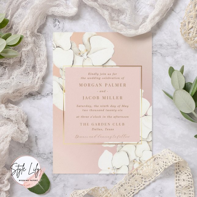 Invitación Boda floral de orquídea botánica de oro rosa (Subido por el creador)