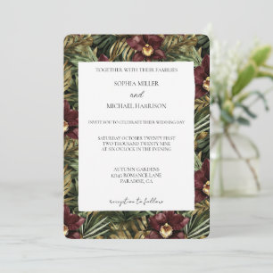 Invitación Boda floral de orquídea de vino tinto borgoña trop