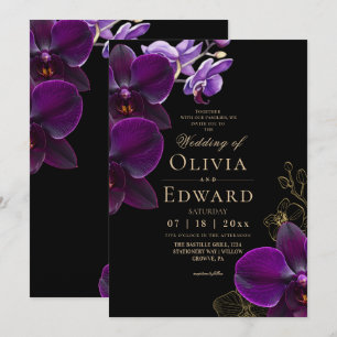 Invitación Boda floral de orquídea lavanda y negro⎮Púrpura y