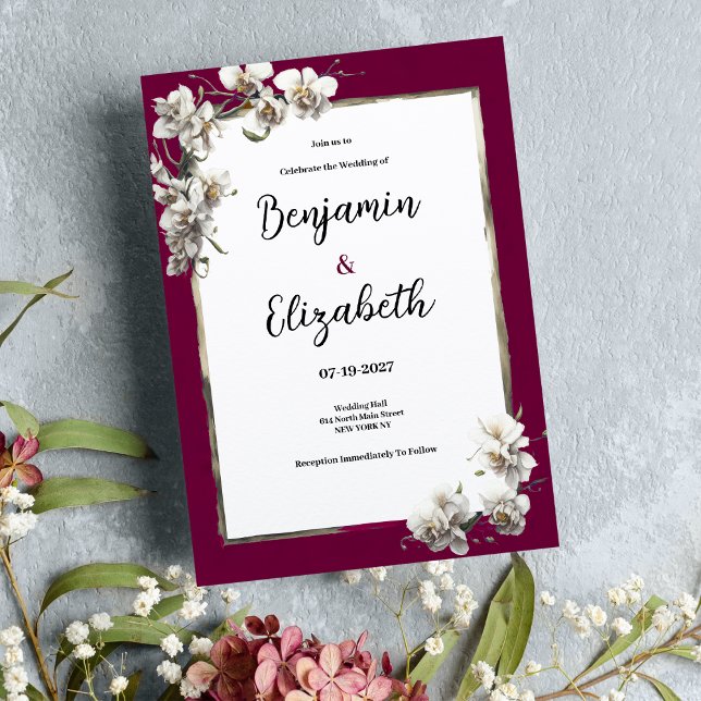 Invitación Boda floral de orquídea tropical burdeos blanca (White burgundy gold tropical orchid floral)