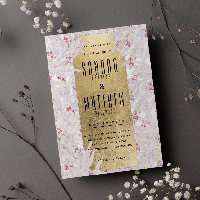 Invitación Boda floral de orquídeas doradas blancas bohemias (Bohemian pink white gold orchid floral Wedding)